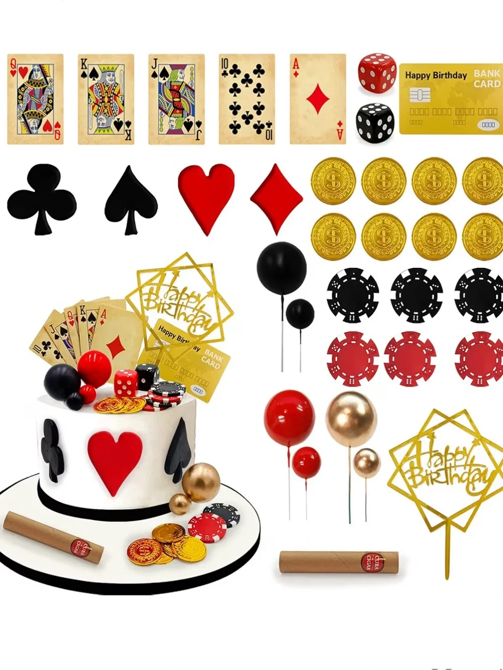 Casino Birthday Cake Toppers - Black Red Gold Party Picks